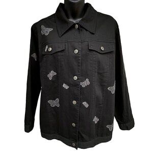VTG 90s Butterflies Diamond Rhinestones Black Jean Denim Jacket Women’s M